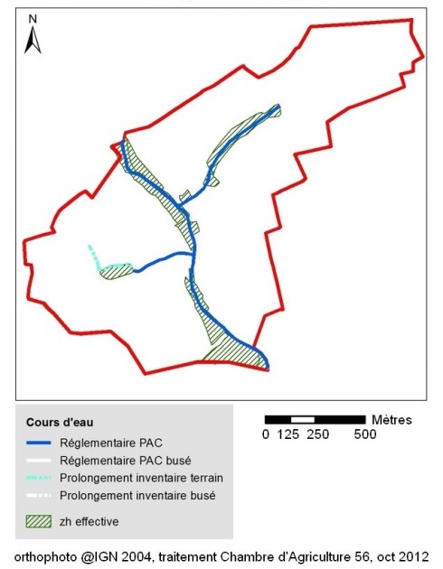 Les zones humides effectives sont représentées en vert hachuré, le prolongement inventaire terrain en bleu ciel et le réglementaire PAC en bleu foncé.